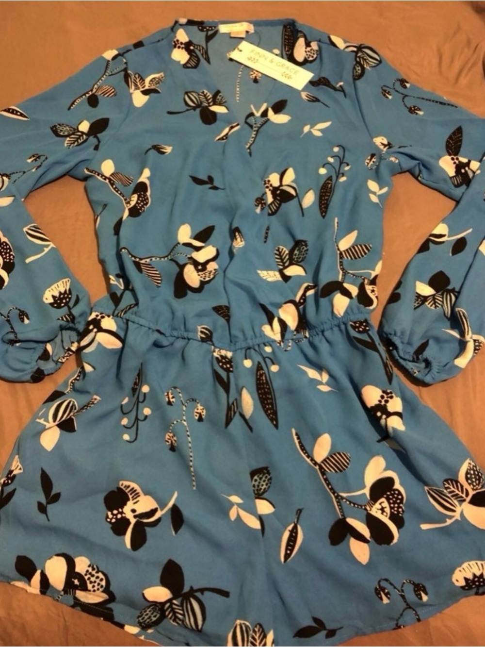 Blue Floral Long-Sleeve Women's Romper